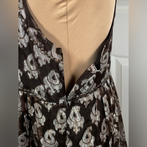 Free People 🖤 Jacquard Sleeveless Mini Dress Black Tan Metallic Studs Womens 10 - Picture 11 of 13